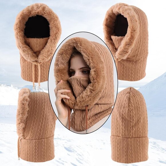 Women Khaki Polyester Warm Thick Fluff Beanie Adult Neck Face Winter Balaclava - Picture 3 of 7